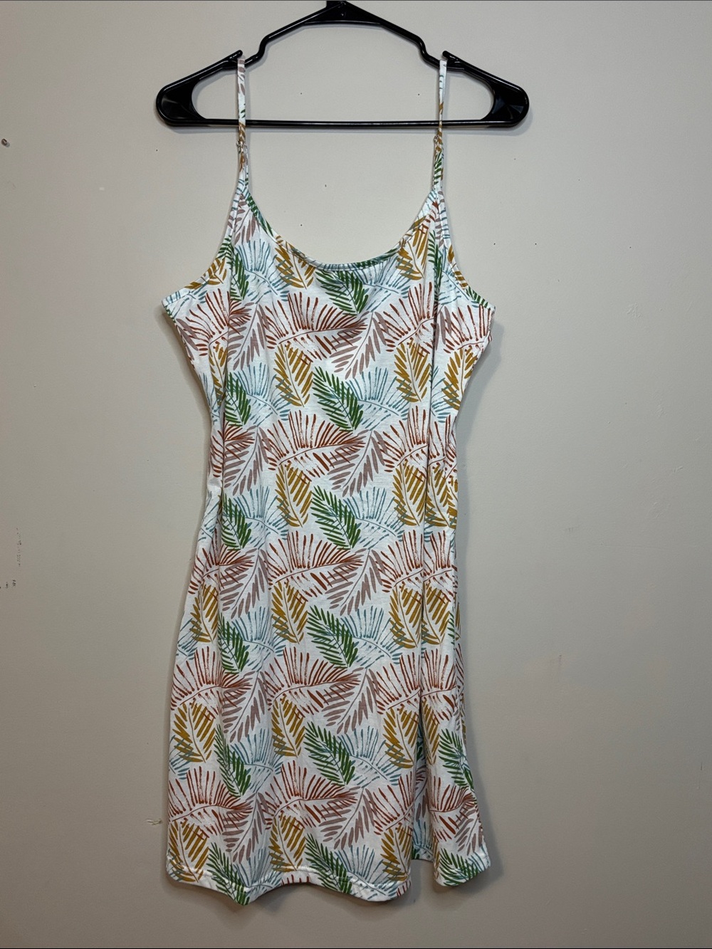 Women's Tropical Leaf Print Slip Dress - White with Green, Brown & Mustard NWT